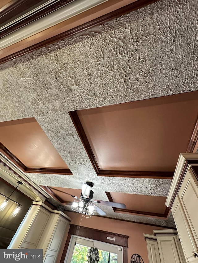 interior details with carpet flooring, ceiling fan, and ornamental molding