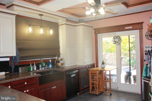 kitchen featuring ceiling fan, sink, black dishwasher, decorative light fixtures, and ornamental molding