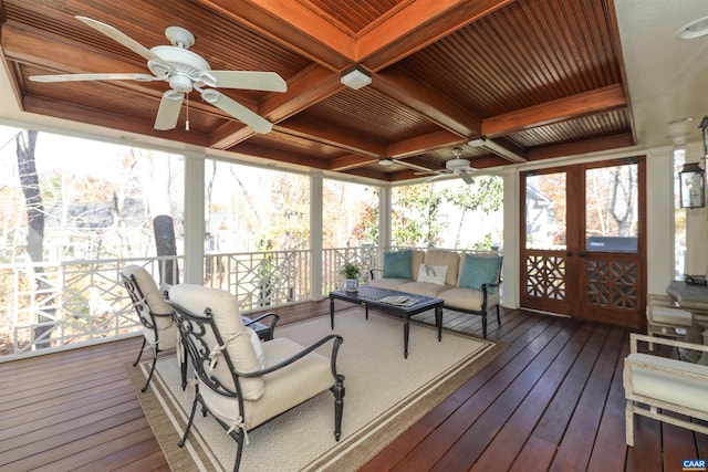 1790 Shelbourn Ln, Keswick, VA 22947 - sunroom / solarium featuring a ceiling fan, beam ceiling, outdoor lounge area, and coffered ceiling