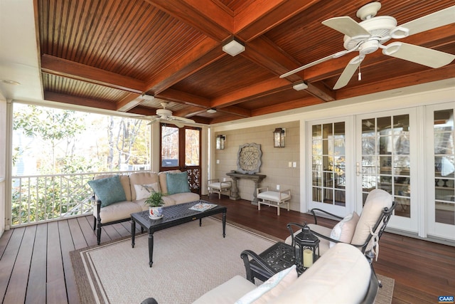 1790 Shelbourn Ln, Keswick, VA 22947 - sunroom featuring ceiling fan, an outdoor living space, coffered ceiling, beam ceiling, and french doors