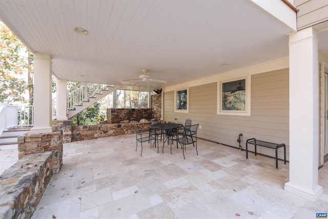 1790 Shelbourn Ln, Keswick, VA 22947 - view of patio / terrace featuring stairs, a ceiling fan, and outdoor dining area
