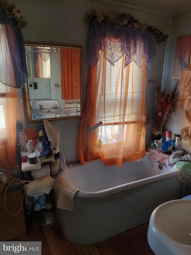 bathroom with wood-type flooring and a tub