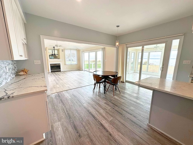 dining space featuring light wood-type flooring and ceiling fan