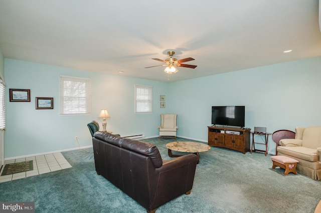 tiled living room featuring ceiling fan and a baseboard radiator