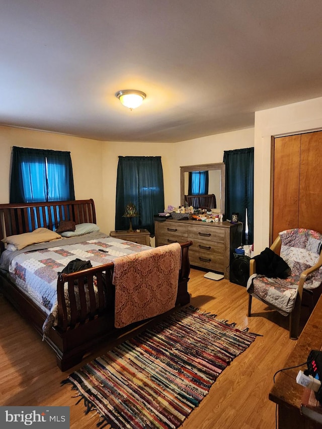 bedroom featuring hardwood / wood-style floors and a closet