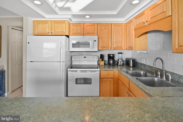 kitchen with sink, backsplash, crown molding, white appliances, and light tile patterned floors