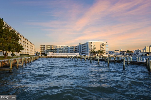 view of water feature with a boat dock