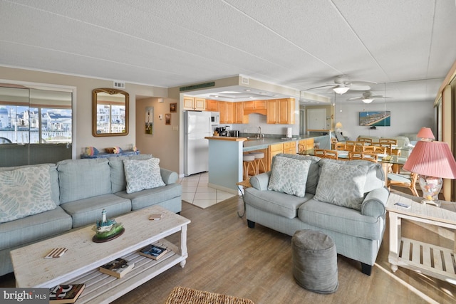 living room with ceiling fan, sink, a textured ceiling, and light hardwood / wood-style flooring