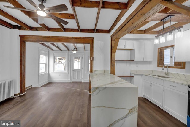 kitchen with light stone countertops, white cabinets, dark wood-type flooring, and sink