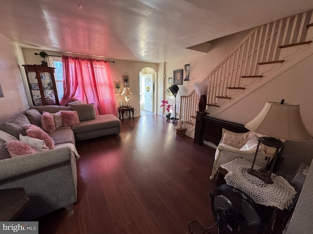 living room featuring dark wood-type flooring