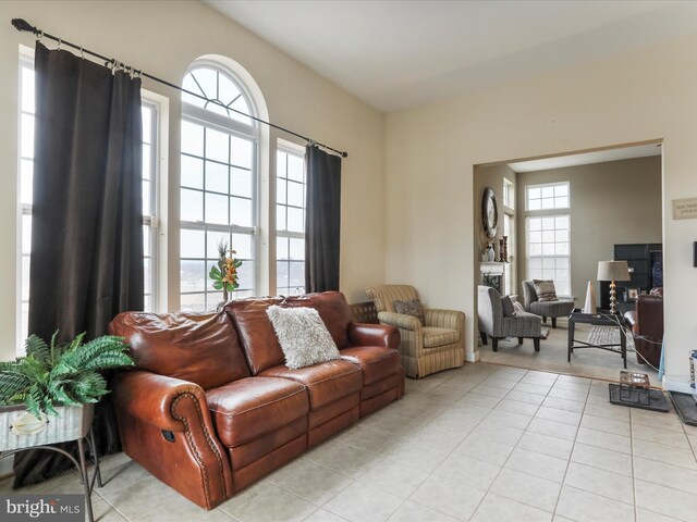 living room featuring light tile patterned flooring