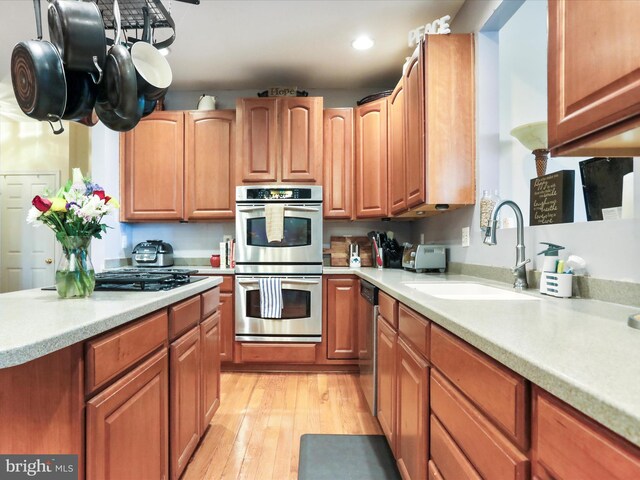 kitchen featuring sink, light wood-type flooring, and appliances with stainless steel finishes