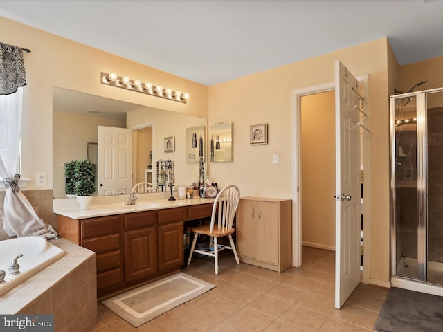 bathroom with vanity, separate shower and tub, and tile patterned flooring