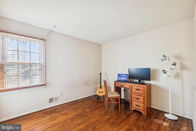 home office with dark hardwood / wood-style floors