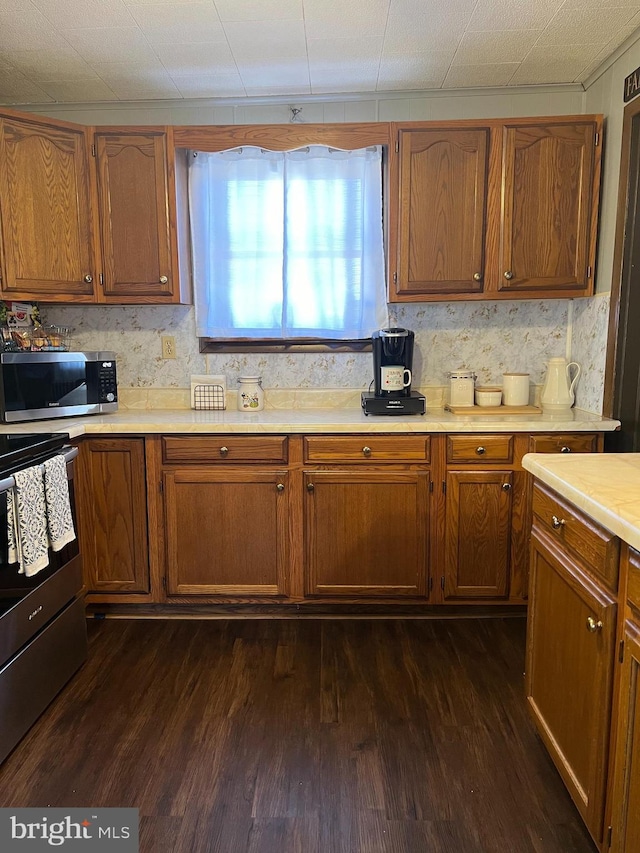 kitchen featuring dark hardwood / wood-style flooring, appliances with stainless steel finishes, and tasteful backsplash