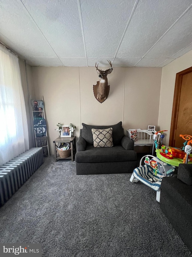 living room featuring carpet and radiator heating unit