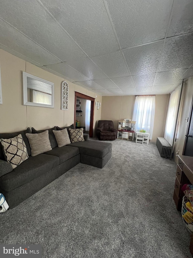 living room featuring carpet flooring and a paneled ceiling