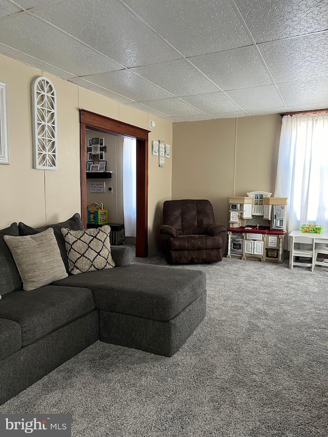 carpeted living room with a paneled ceiling