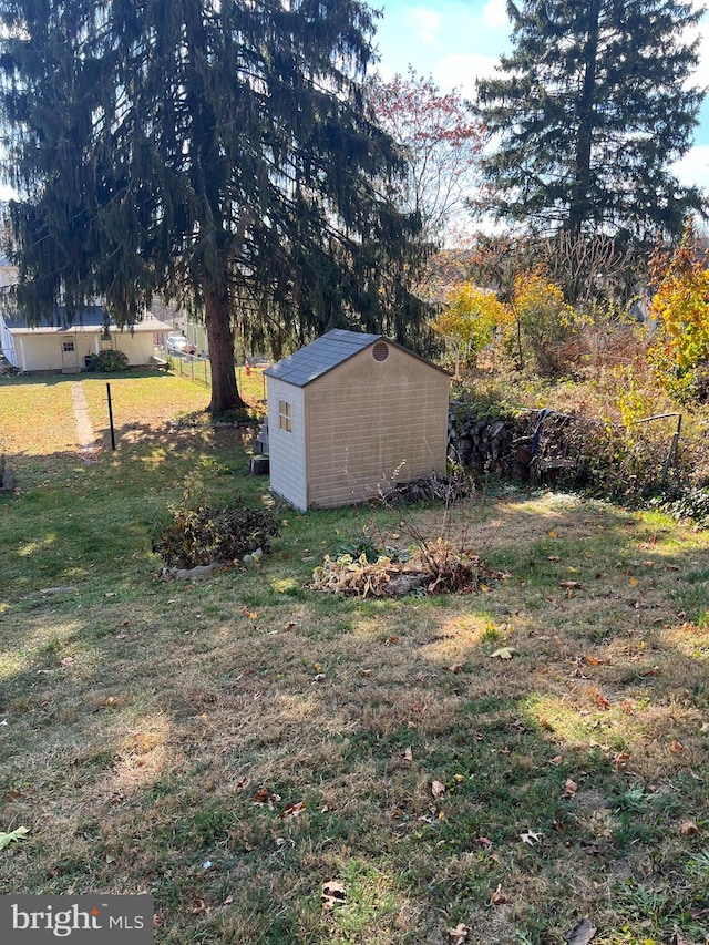 view of yard featuring a storage shed