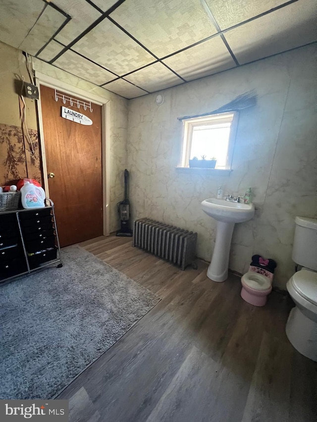 bathroom with a wood stove, radiator heating unit, wood-type flooring, and toilet