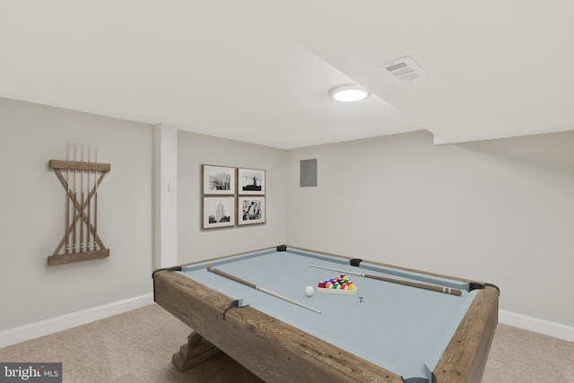 rec room featuring light carpet and billiards