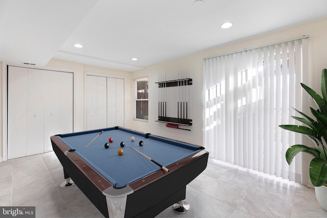 playroom featuring light tile patterned flooring and pool table