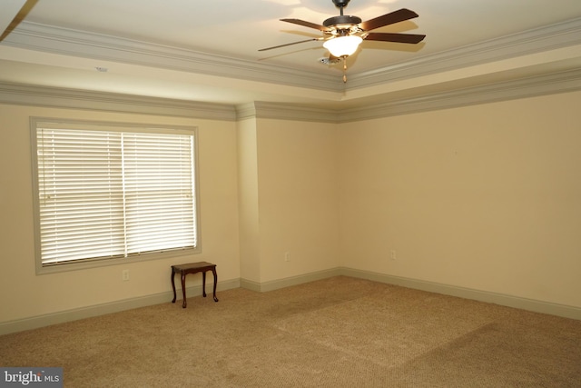 empty room with a tray ceiling, ceiling fan, carpet, and ornamental molding