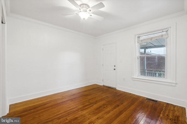 unfurnished room featuring wood-type flooring, ceiling fan, and crown molding