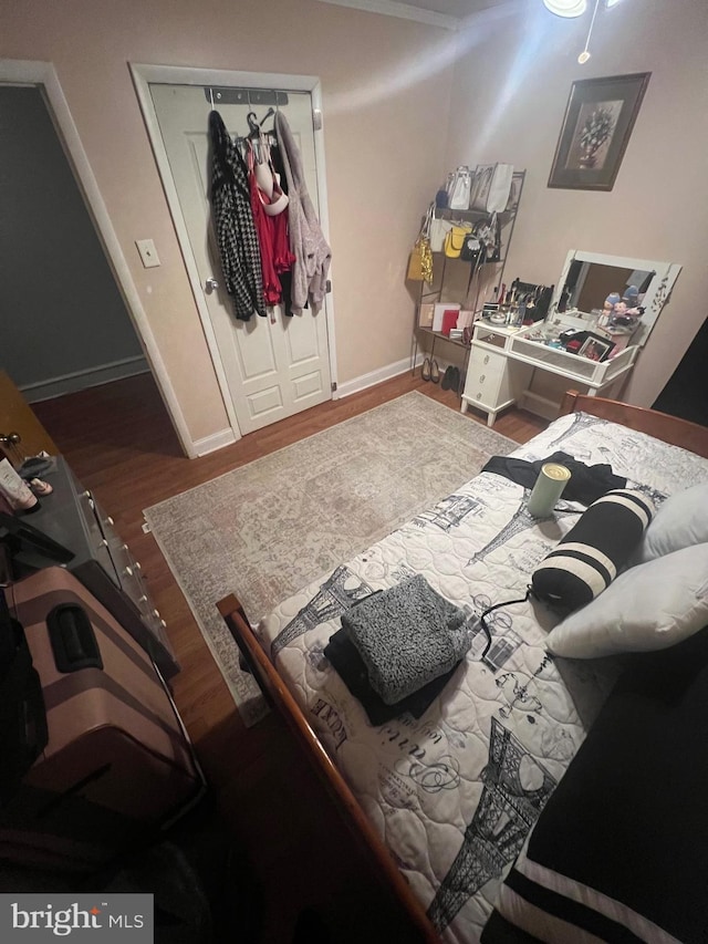 bedroom with hardwood / wood-style flooring and a closet