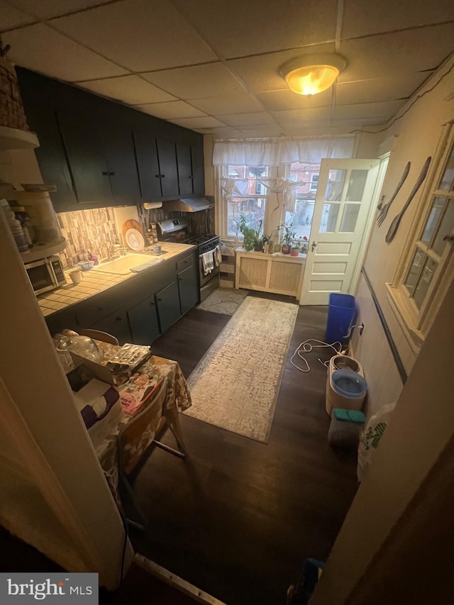 kitchen with gas stove, a paneled ceiling, and dark hardwood / wood-style flooring