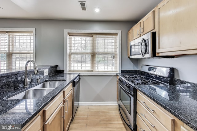 kitchen featuring a wealth of natural light, sink, light wood-type flooring, and appliances with stainless steel finishes