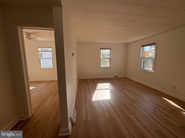 spare room featuring ceiling fan and light hardwood / wood-style flooring