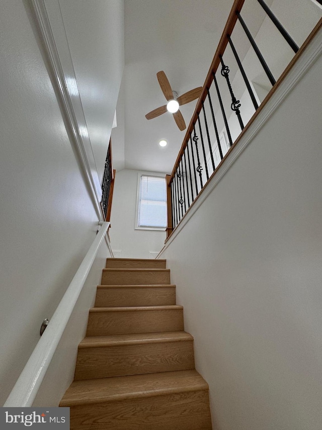 stairway with ceiling fan