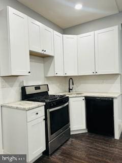 kitchen with dishwasher, sink, stainless steel stove, dark hardwood / wood-style floors, and white cabinets