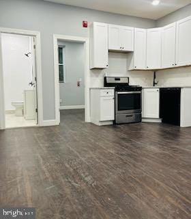 kitchen with white cabinets, stainless steel stove, and dark hardwood / wood-style floors