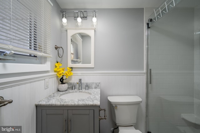 bathroom with vanity, toilet, and walk in shower