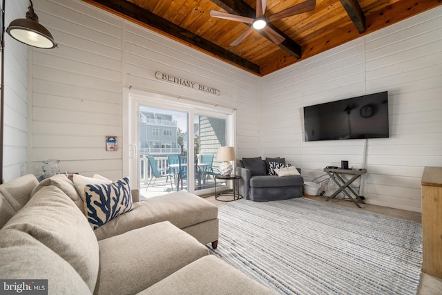 living room featuring beamed ceiling, ceiling fan, wooden ceiling, and wooden walls