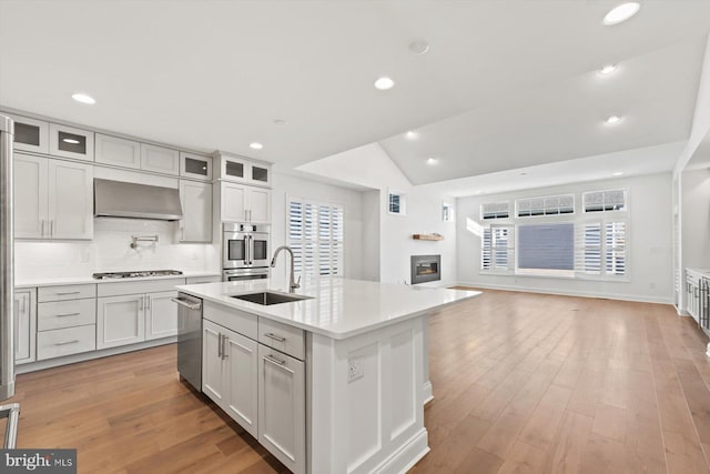 kitchen featuring stainless steel appliances, vaulted ceiling, light hardwood / wood-style floors, white cabinetry, and an island with sink