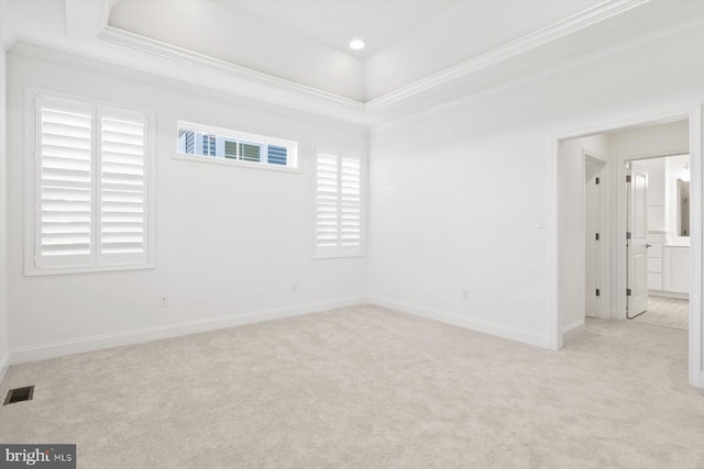 unfurnished room with a raised ceiling, light carpet, and a healthy amount of sunlight