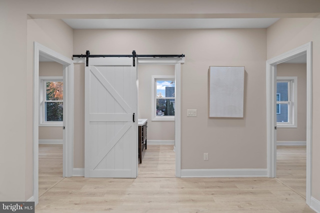 interior space featuring a barn door, a wealth of natural light, and light hardwood / wood-style floors