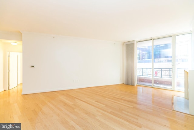 spare room featuring expansive windows, ornamental molding, and light wood-type flooring