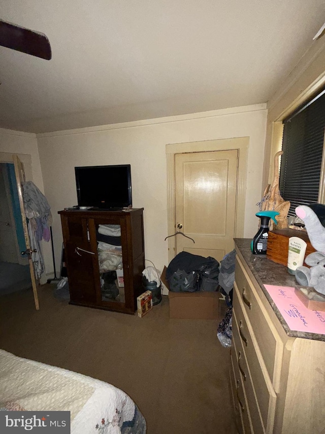 carpeted bedroom with crown molding