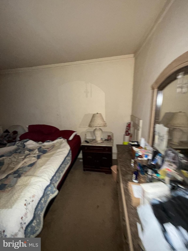 carpeted bedroom with crown molding