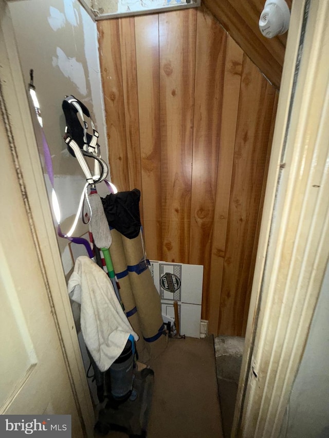 laundry room with wood walls