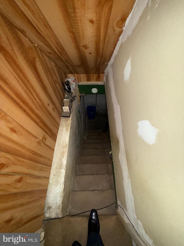 stairs with wooden walls and wood ceiling