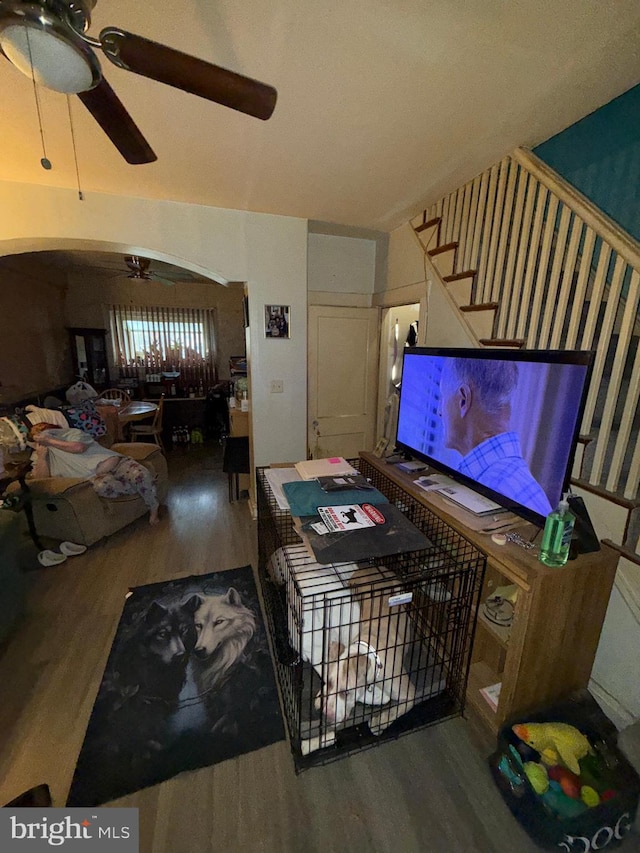 living room with ceiling fan and hardwood / wood-style floors