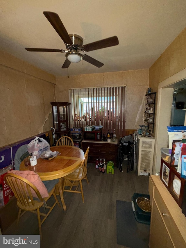 dining space featuring ceiling fan and dark wood-type flooring