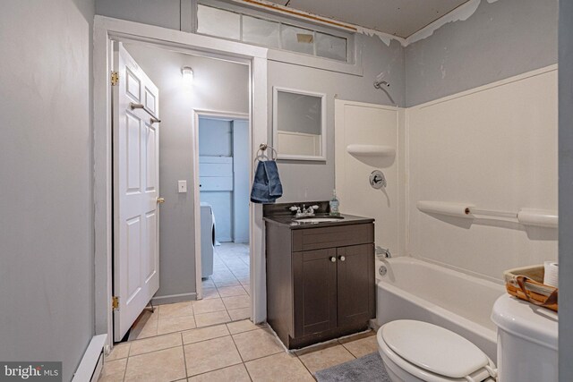 full bathroom with vanity, tile patterned floors, toilet, a baseboard radiator, and shower / bath combination