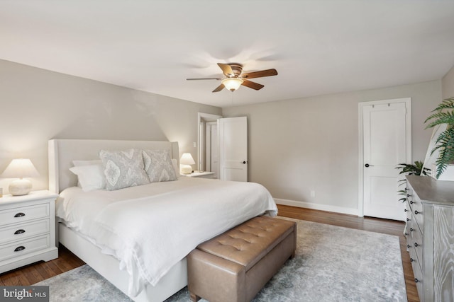 bedroom featuring ceiling fan and dark hardwood / wood-style floors