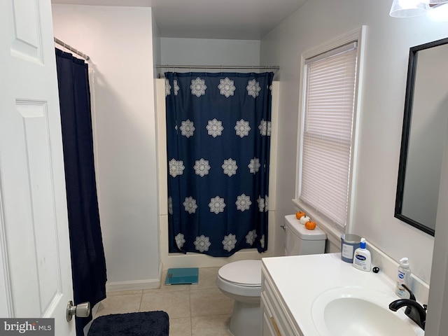 bathroom featuring walk in shower, vanity, tile patterned floors, and toilet